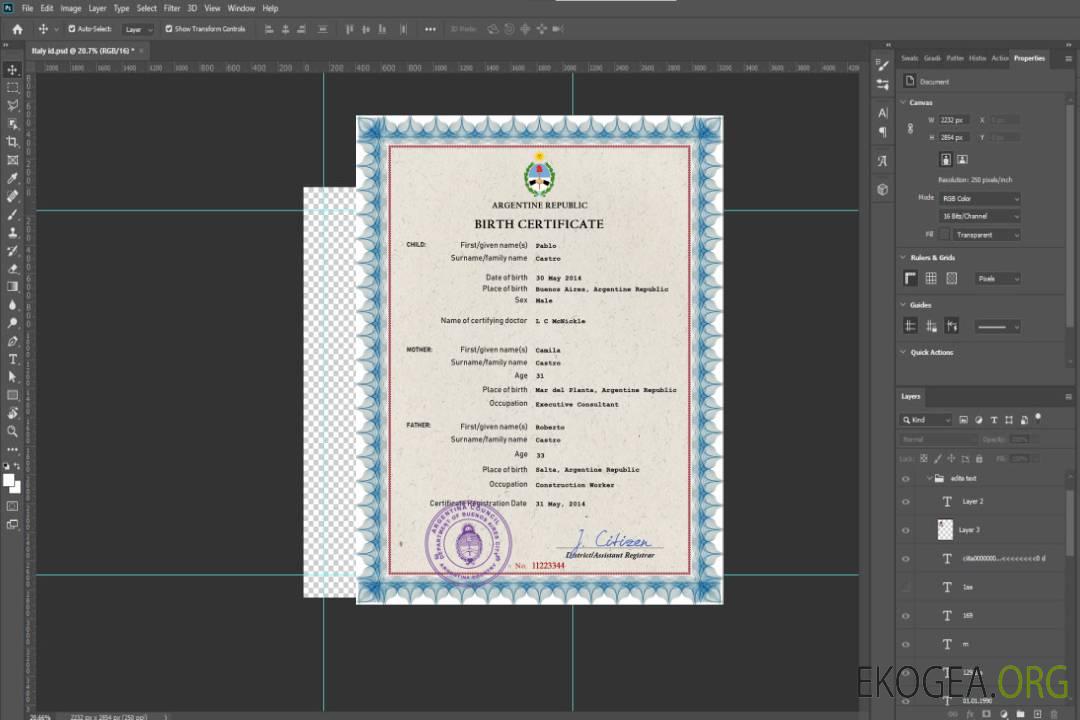 Modèle PSD de certificat de naissance de l'état civil de l'Argentine template